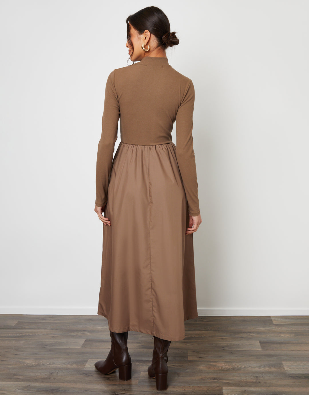 Taupe High Neck 2-in-1 Jersey Poplin Mix Mini Dress