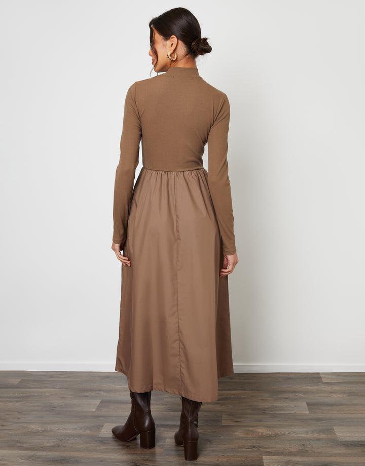 Taupe High Neck 2-in-1 Jersey Poplin Mix Mini Dress