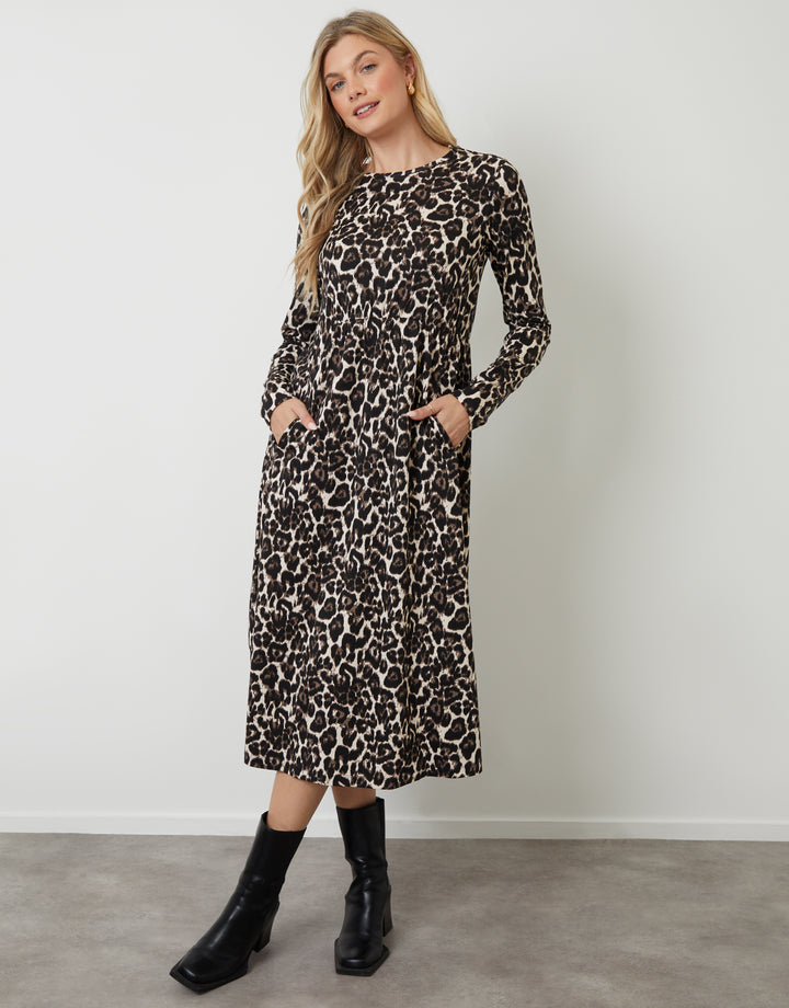 Leopard Print Long Sleeve Jersey Midi Dress