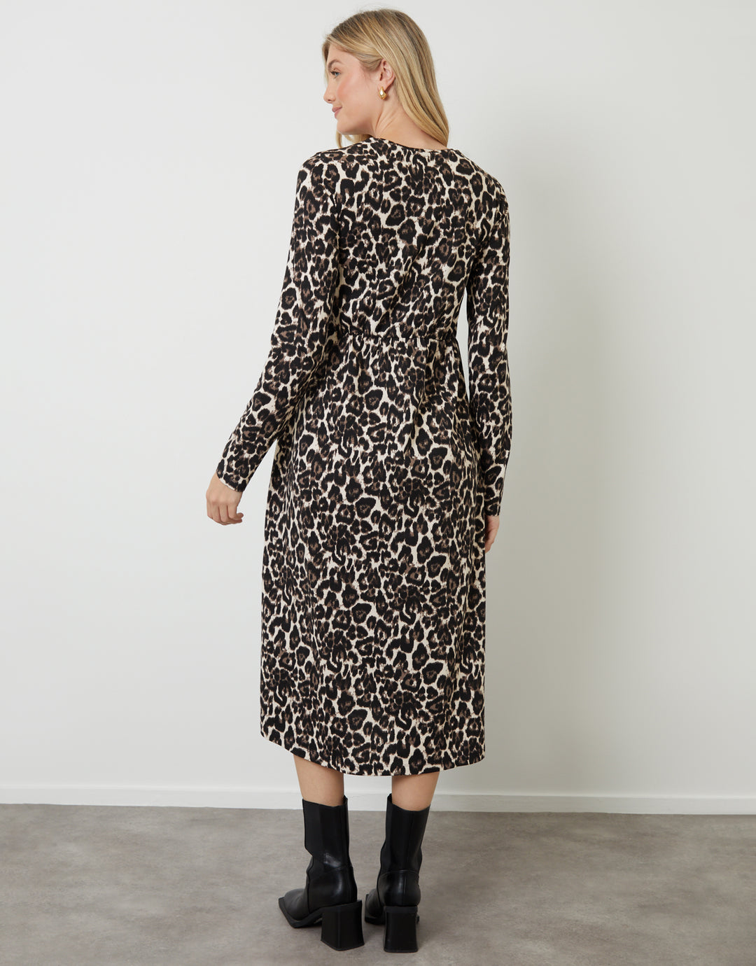 Leopard Print Long Sleeve Jersey Midi Dress