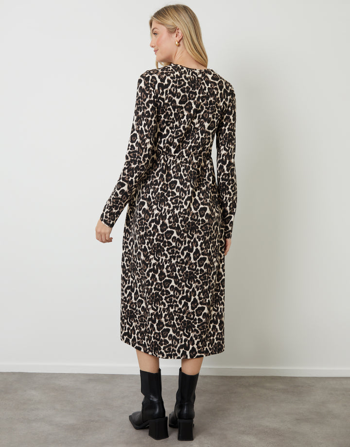 Leopard Print Long Sleeve Jersey Midi Dress