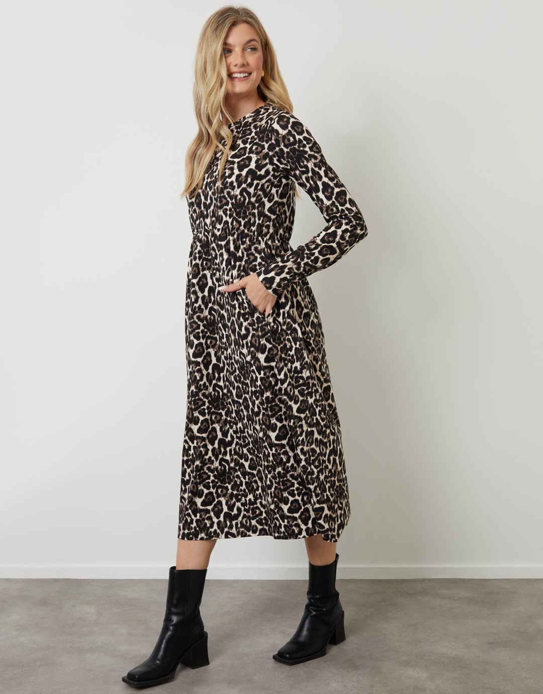 Leopard Print Long Sleeve Jersey Midi Dress