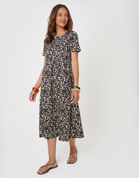 Threadbare Leopard Jersey Midi Smock Dress with Pockets in Leopard Print - front view