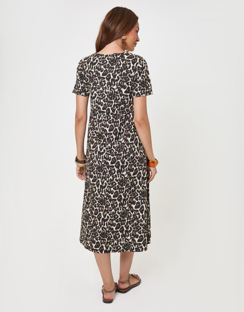 Threadbare Leopard Jersey Midi Smock Dress with Pockets in Leopard Print - back view