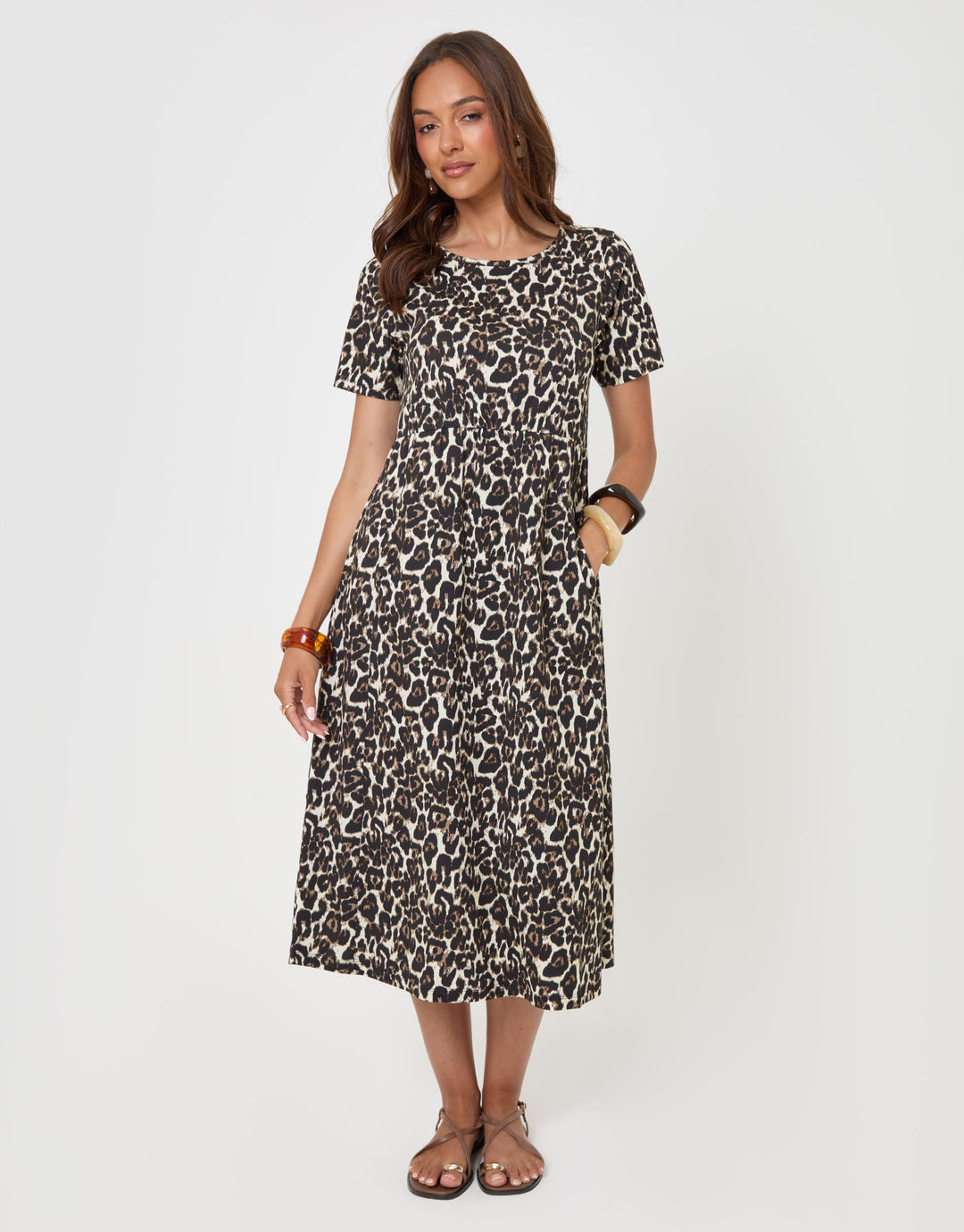 Threadbare Leopard Jersey Midi Smock Dress with Pockets in Leopard Print - full body