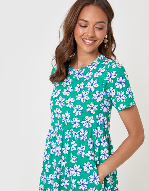 Threadbare Jersey Midi Smock Dress with Pockets in Green Floral - close up