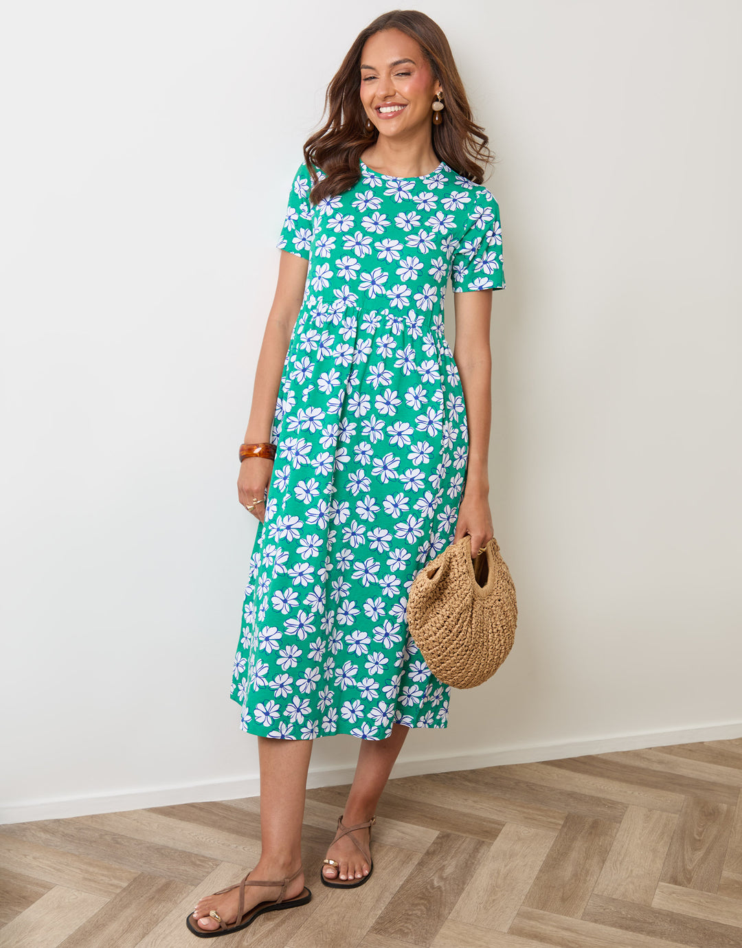 Threadbare Jersey Midi Smock Dress with Pockets in Green Floral - full body