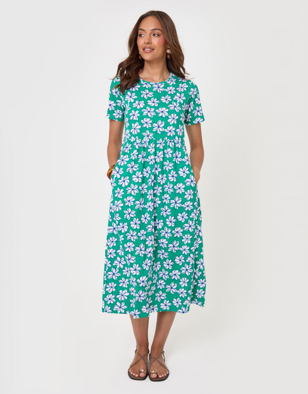 Threadbare Jersey Midi Smock Dress with Pockets in Green Floral - front view