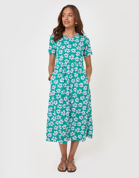 Threadbare Jersey Midi Smock Dress with Pockets in Green Floral - front view