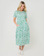 Green Floral Jersey Midi Smock Dress with Pockets