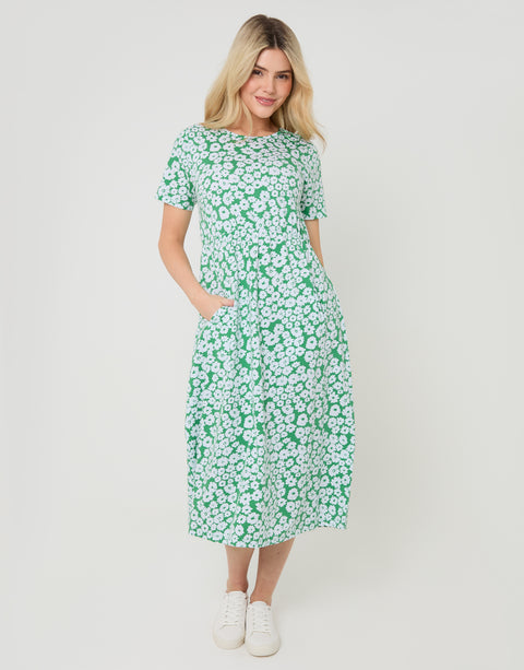 Threadbare Jersey Midi Smock Dress with Pockets in Green Floral - full view hands in pocket
