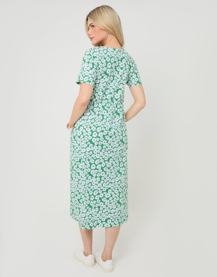 Threadbare Jersey Midi Smock Dress with Pockets in Green Floral - back view