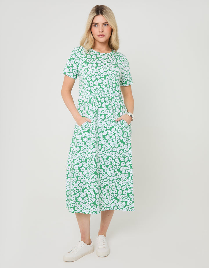 Threadbare Jersey Midi Smock Dress with Pockets in Green Floral - front view
