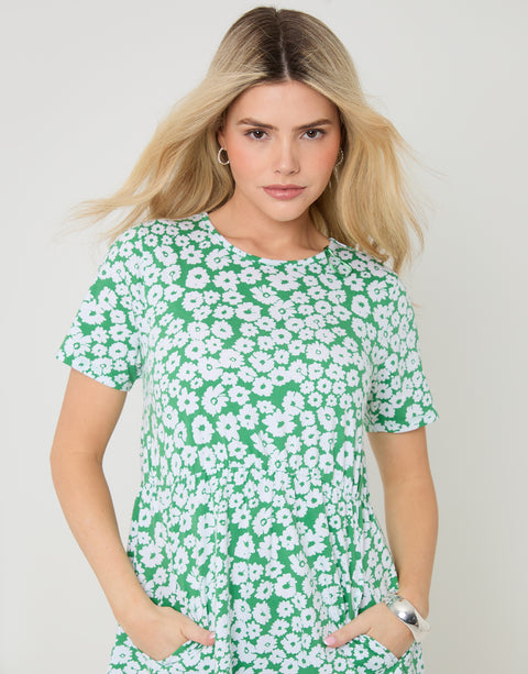 Threadbare Jersey Midi Smock Dress with Pockets in Green Floral - front detail view