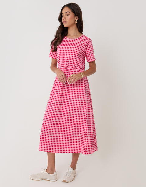 Threadbare Jersey Midi Smock Dress with Pockets in Pink & Red Gingham - full body