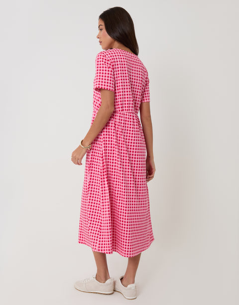 Threadbare Jersey Midi Smock Dress with Pockets in Pink & Red Gingham - back view