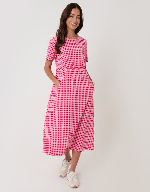 Threadbare Jersey Midi Smock Dress with Pockets in Pink & Red Gingham - front view