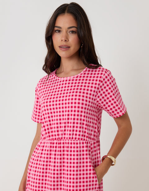 Threadbare Jersey Midi Smock Dress with Pockets in Pink & Red Gingham - front view close up