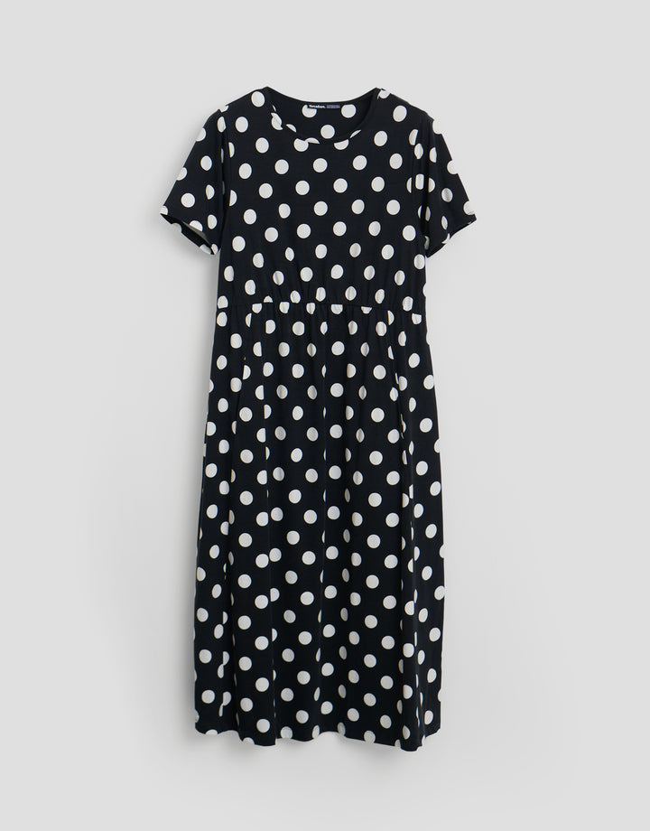 Threadbare Jersey Midi Smock Dress with Pockets in Black Polka Dot - flat lay