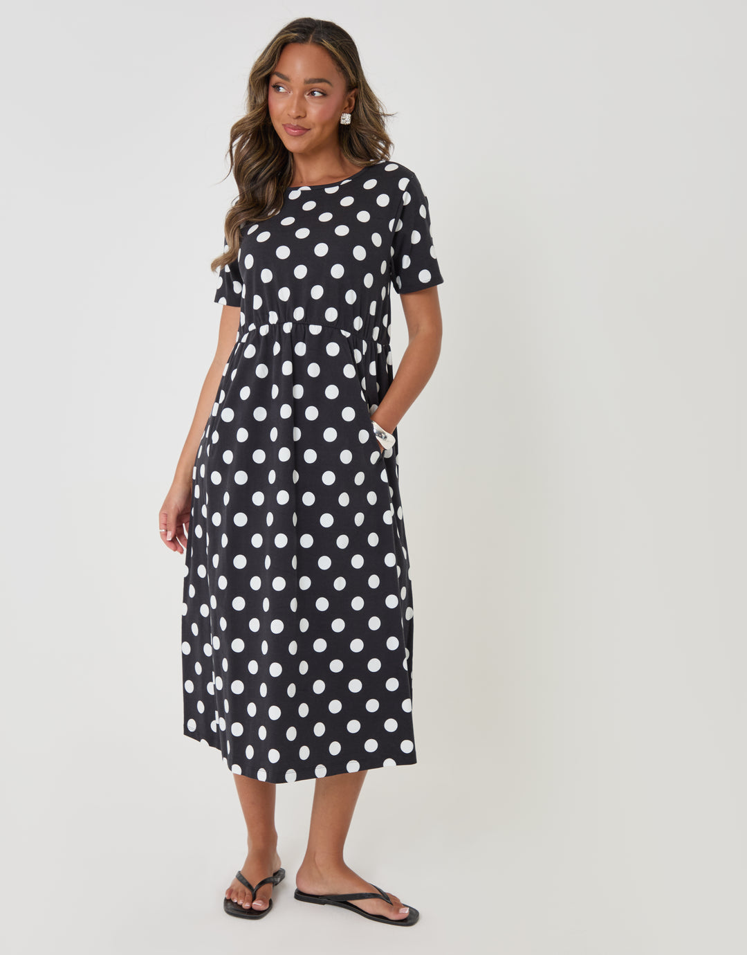 Threadbare Jersey Midi Smock Dress with Pockets in Black Polka Dot - front view