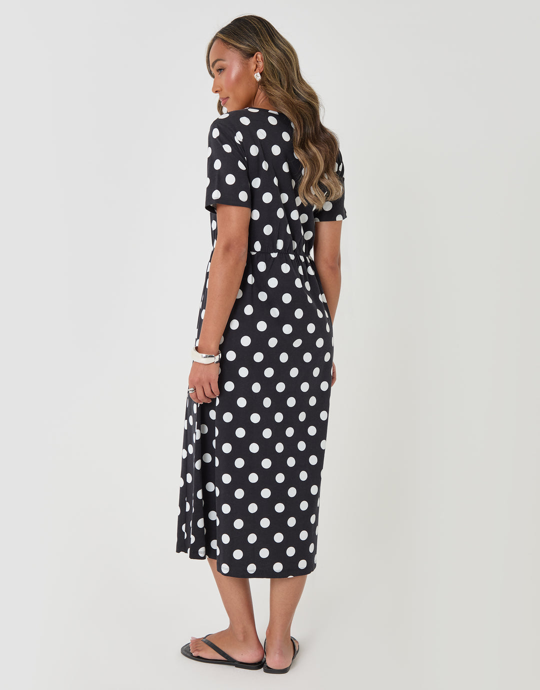 Threadbare Jersey Midi Smock Dress with Pockets in Black Polka Dot - back view