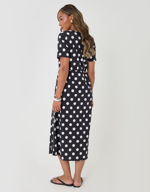 Threadbare Jersey Midi Smock Dress with Pockets in Black Polka Dot - back view