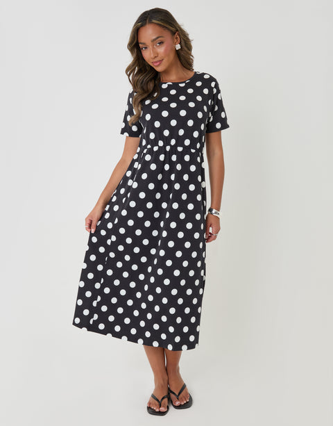Threadbare Jersey Midi Smock Dress with Pockets in Black Polka Dot - full body