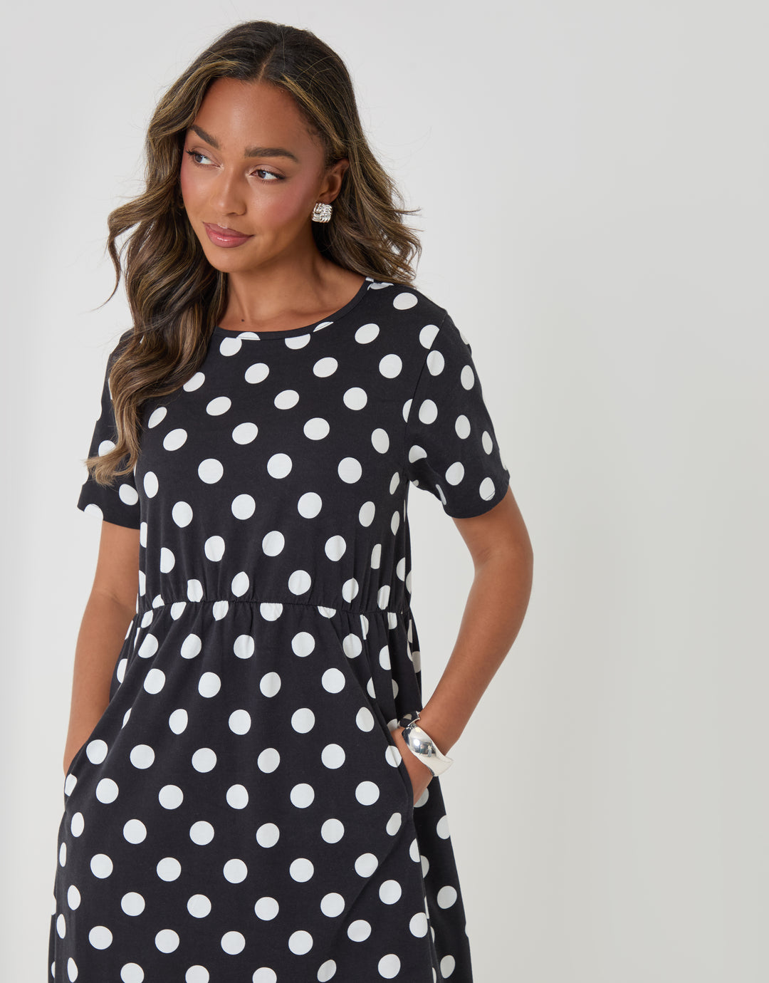 Threadbare Jersey Midi Smock Dress with Pockets in Black Polka Dot - close up