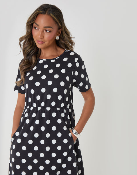 Threadbare Jersey Midi Smock Dress with Pockets in Black Polka Dot - close up