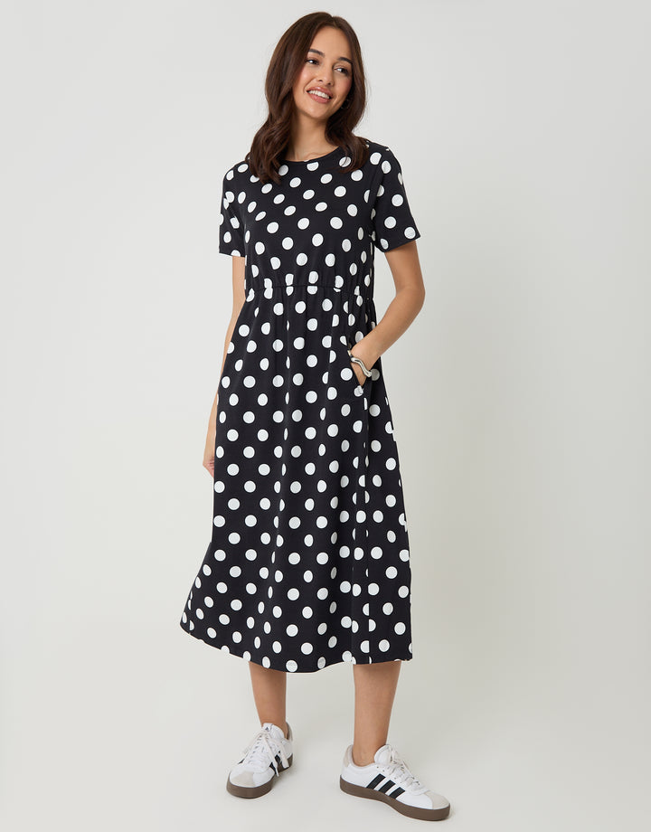 Black Polka Dot Jersey Midi Smock Dress with Pockets