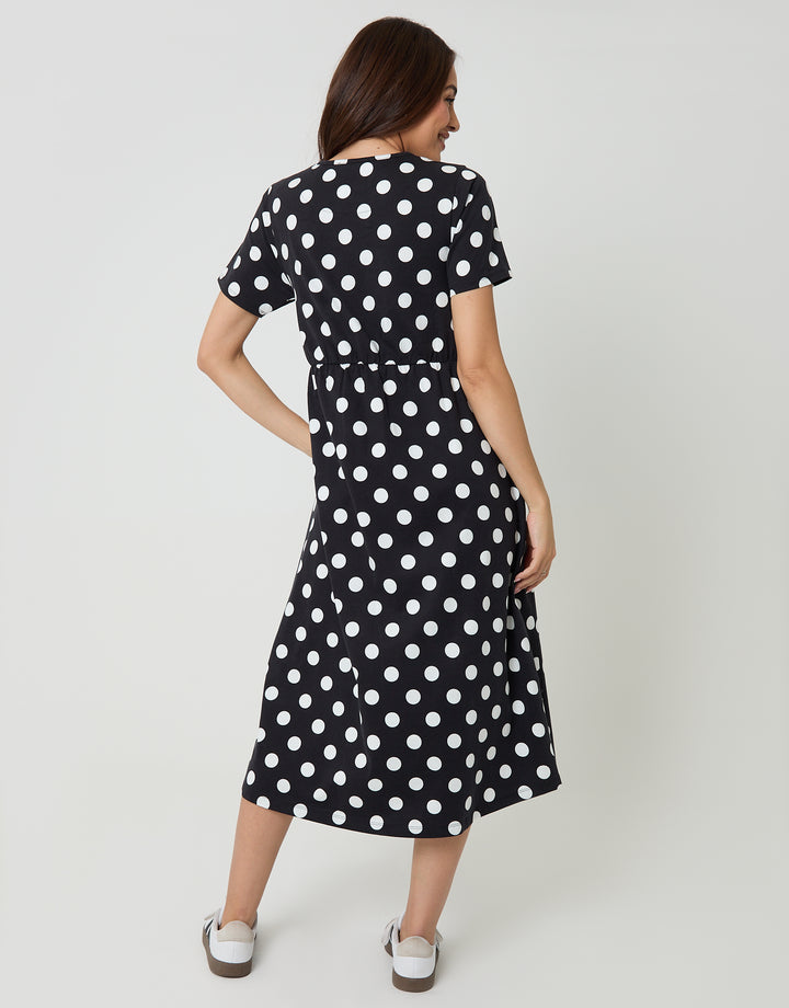 Black Polka Dot Jersey Midi Smock Dress with Pockets