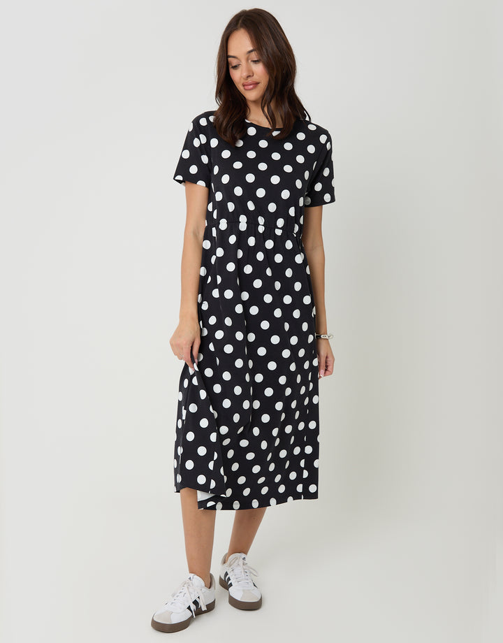 Black Polka Dot Jersey Midi Smock Dress with Pockets
