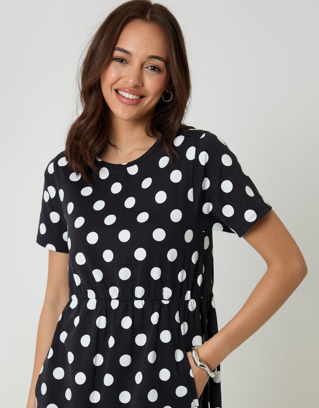 Black Polka Dot Jersey Midi Smock Dress with Pockets