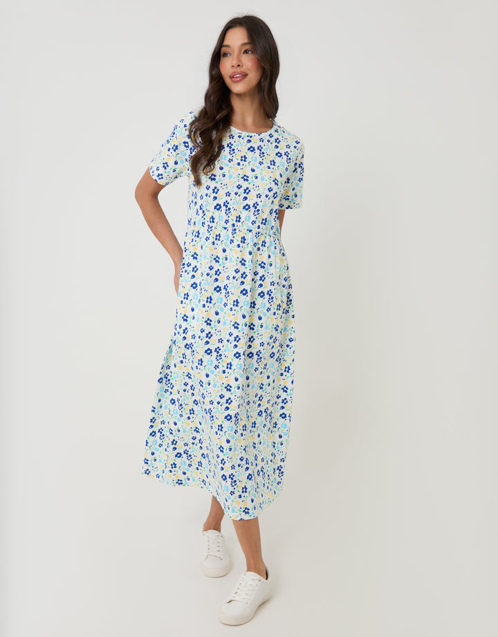 Threadbare Jersey Midi Smock Dress with Pockets in White Floral - full body