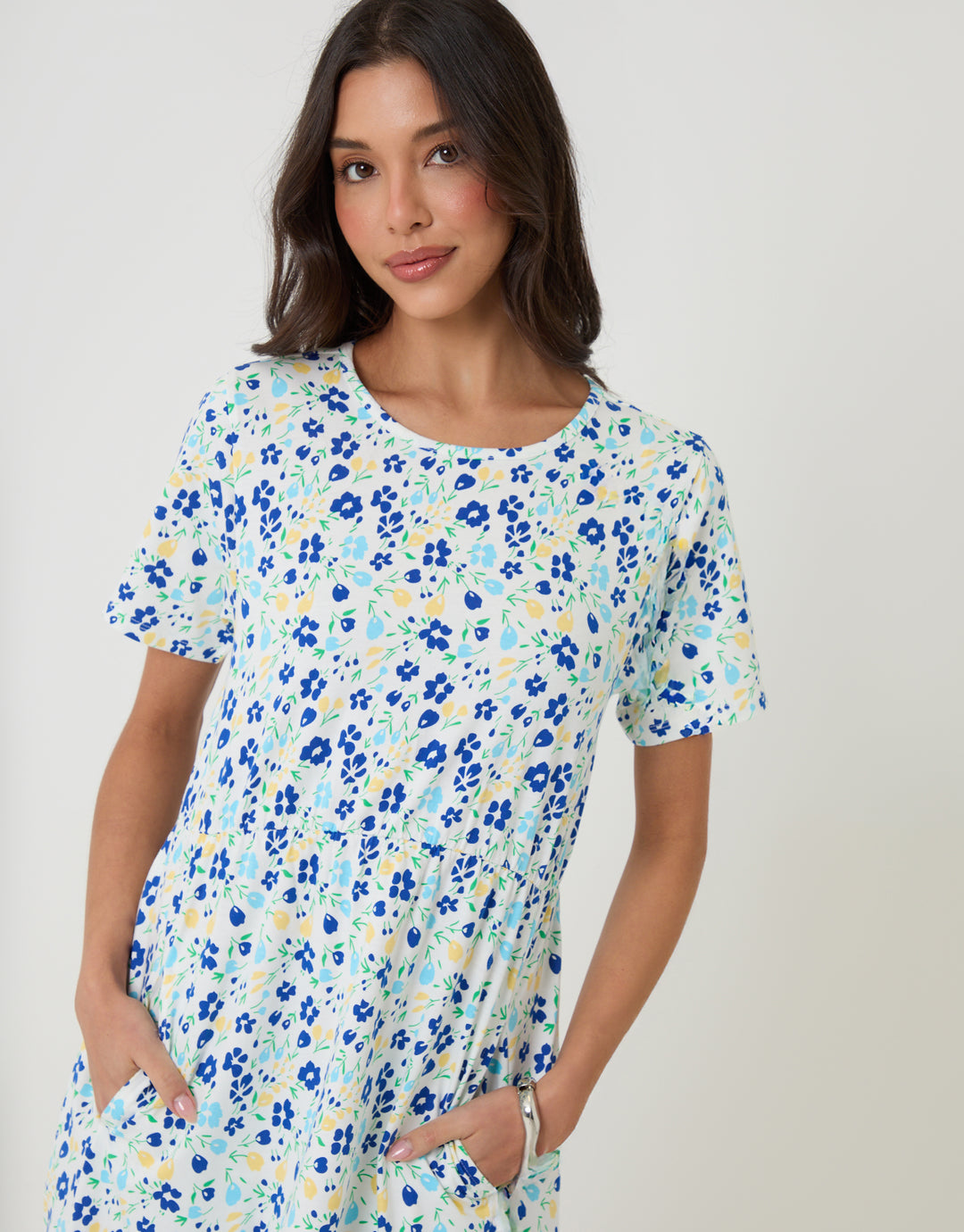 Threadbare Jersey Midi Smock Dress with Pockets in White Floral - front view close up