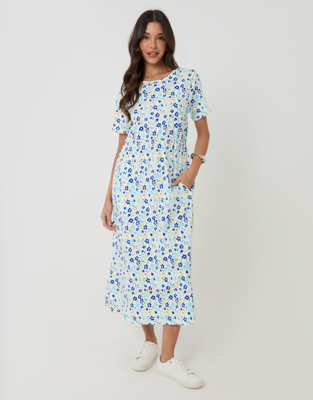 Threadbare Jersey Midi Smock Dress with Pockets in White Floral - front view