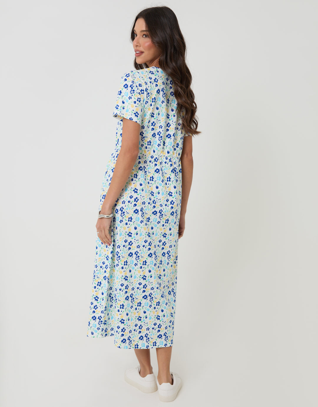 Threadbare Jersey Midi Smock Dress with Pockets in White Floral - back view