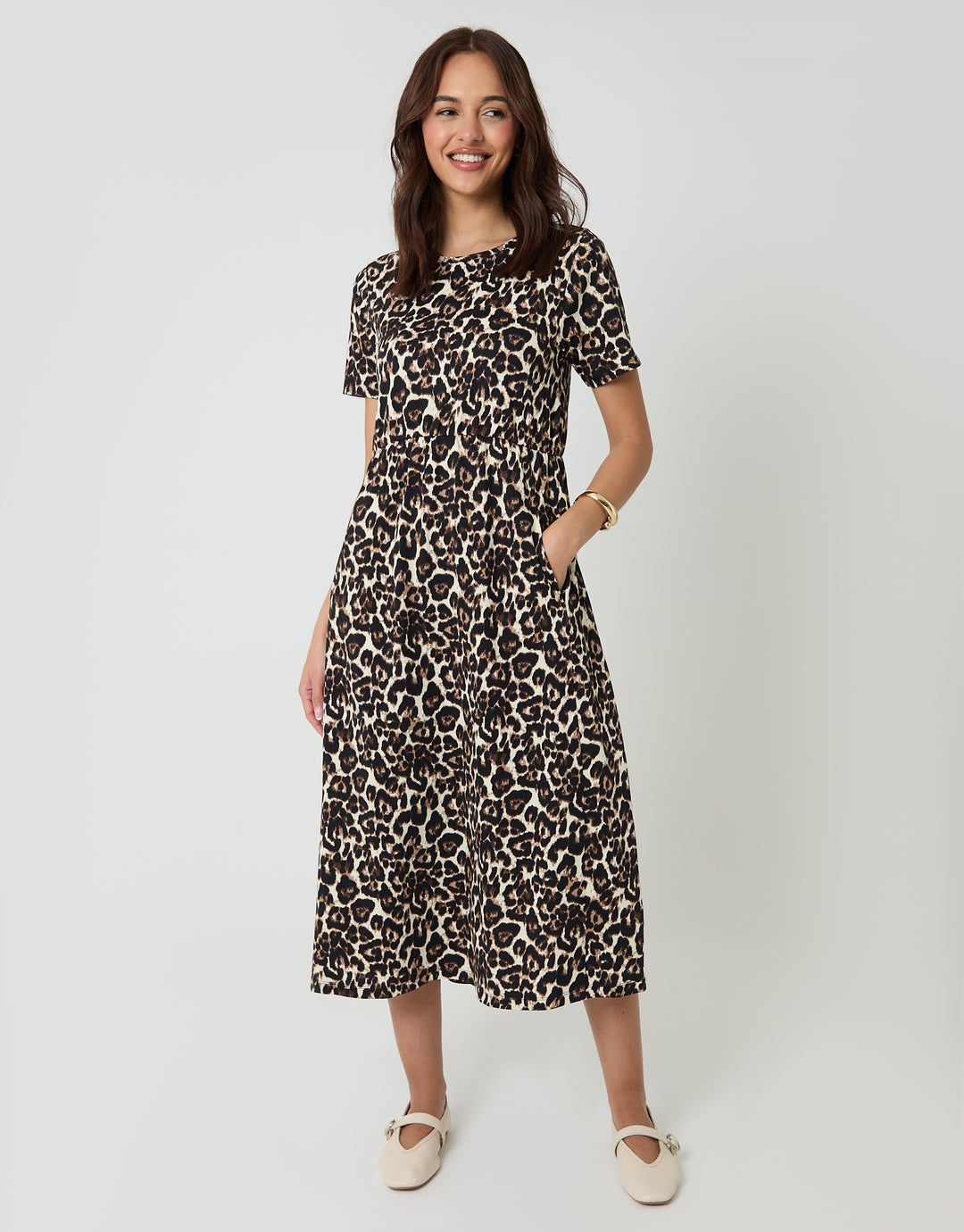 Leopard Jersey Midi Smock Dress with Pockets