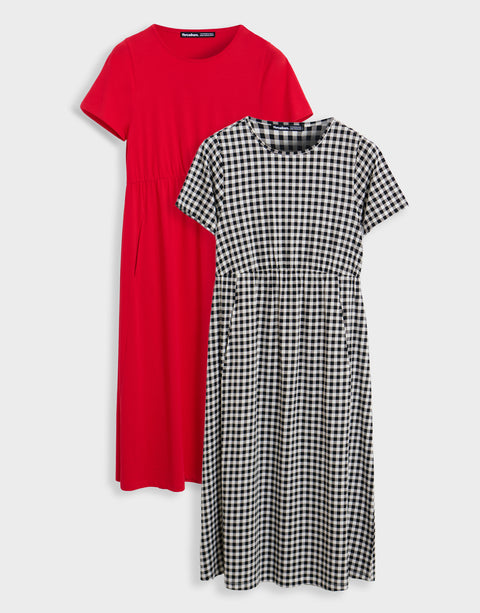 Threadbare 2 pack Smock Midi Dress in Red & Black Gingham - 2-pack flat lay