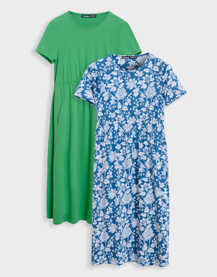 Threadbare 2 Pack Smock Midi Dresses in Blue Floral & Green - two-pack flat lay