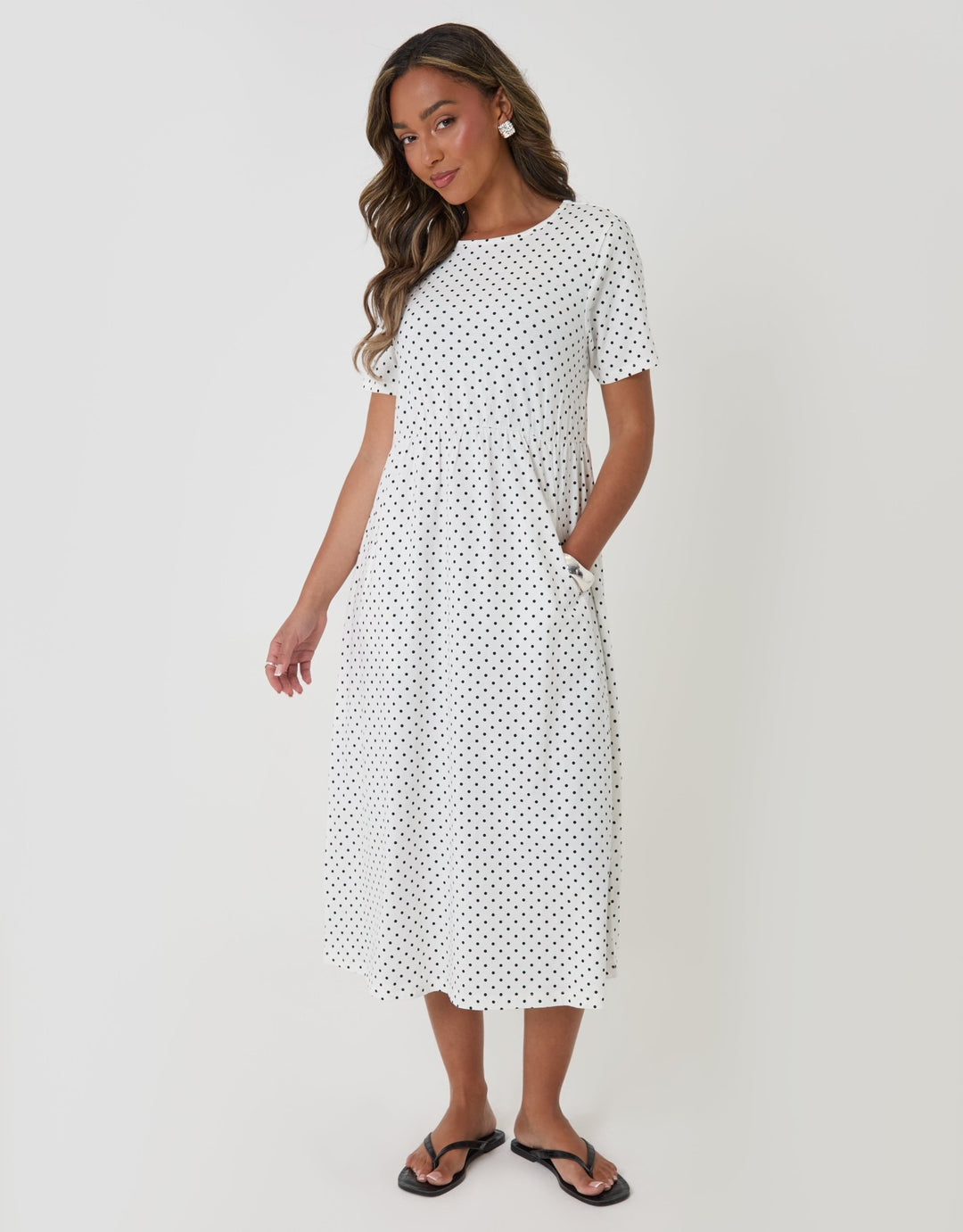 Threadbare Women's Midi Smock Dress in Ecru Polka Dot