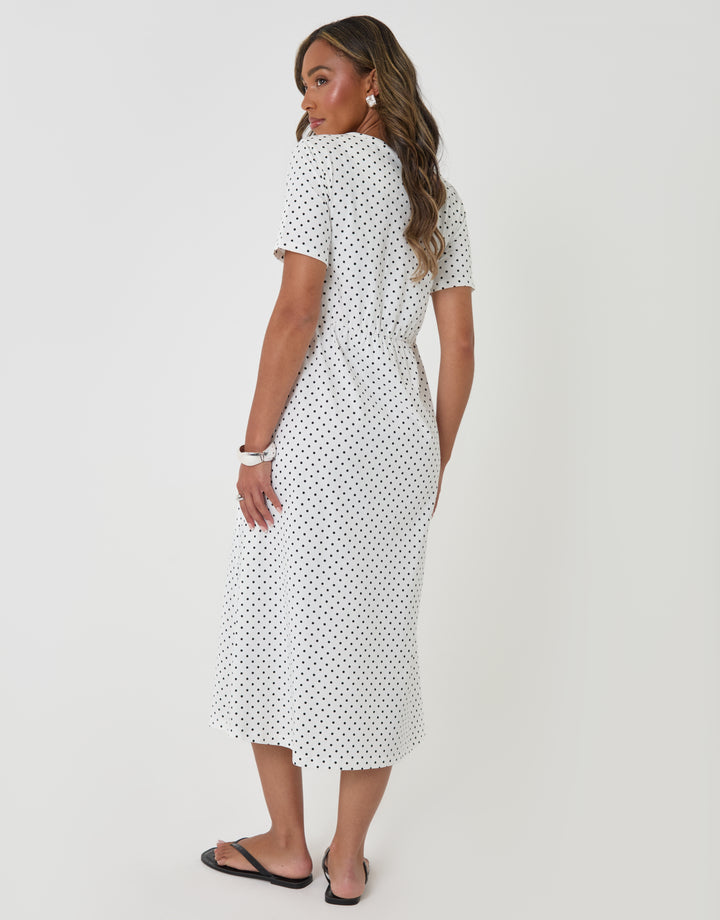 Threadbare Jersey Midi Smock Dress with Pockets in Ecru Pola Dots - back view