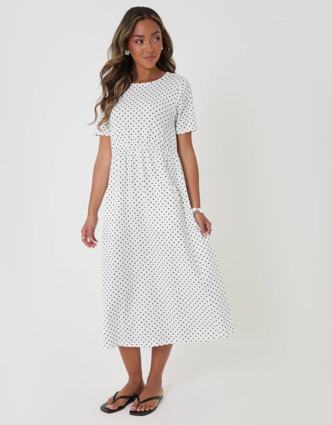 Threadbare Women's Midi Smock Dress in Ecru Polka Dot