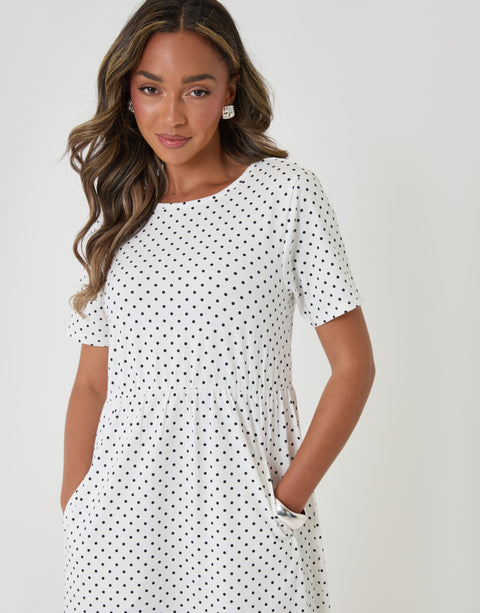 Threadbare Jersey Midi Smock Dress with Pockets in Ecru Pola Dots - close up