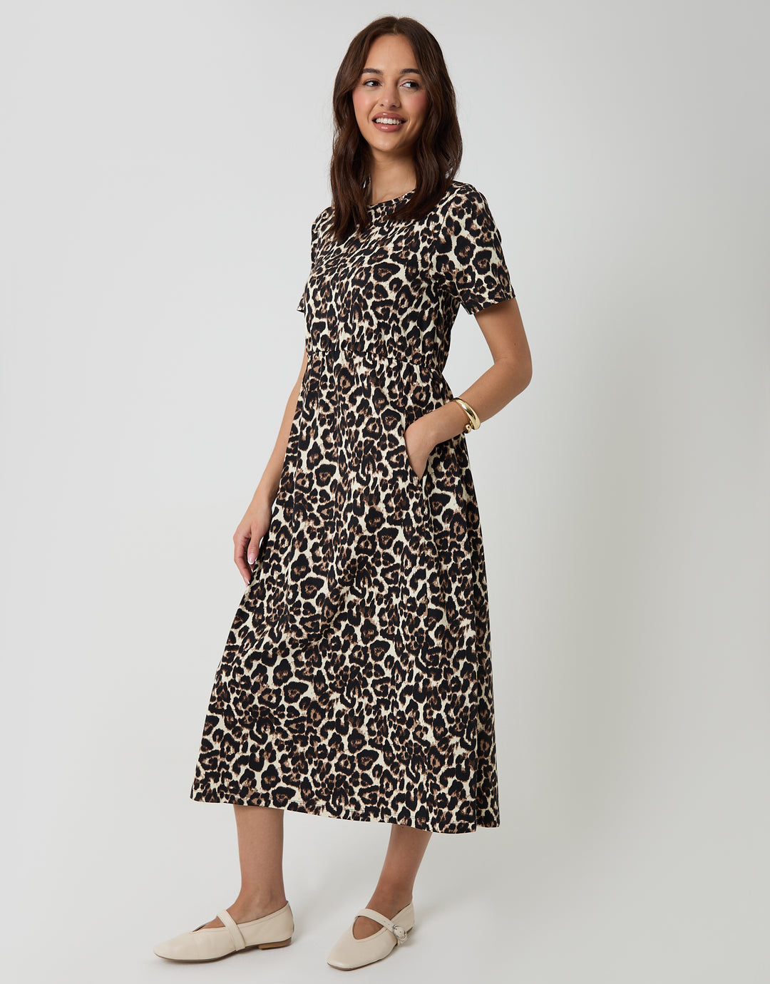 Leopard Jersey Midi Smock Dress with Pockets