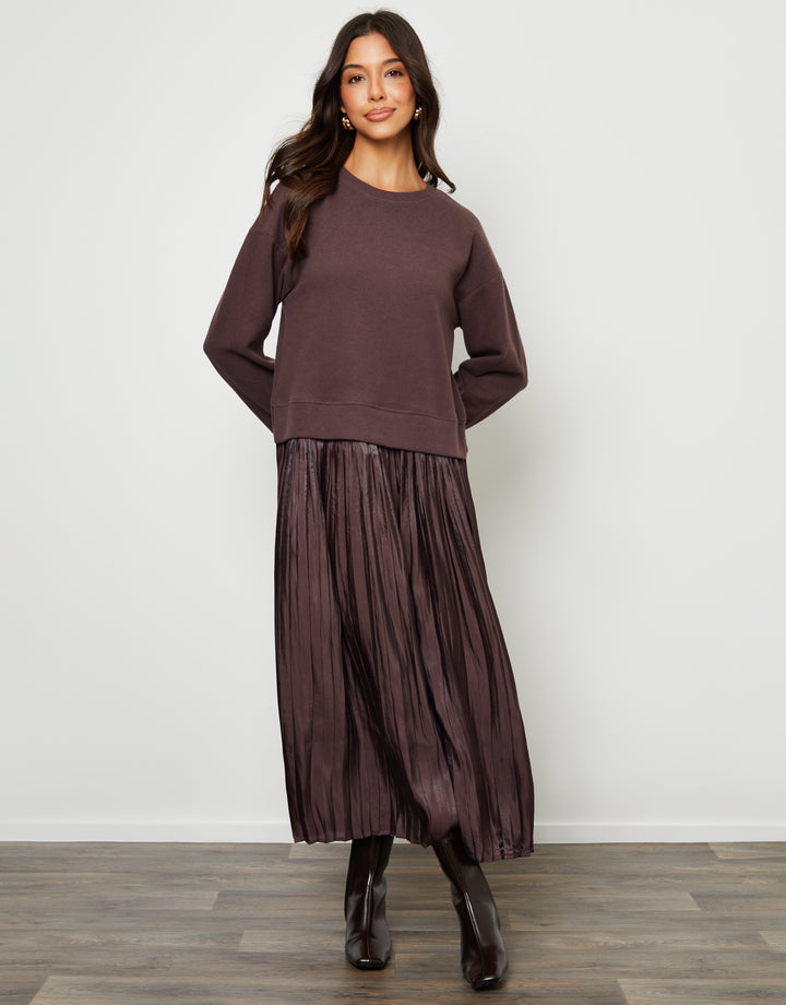 Chocolate Brown 2-in-1 Relaxed Ribbed Sweatshirt Midi Dress