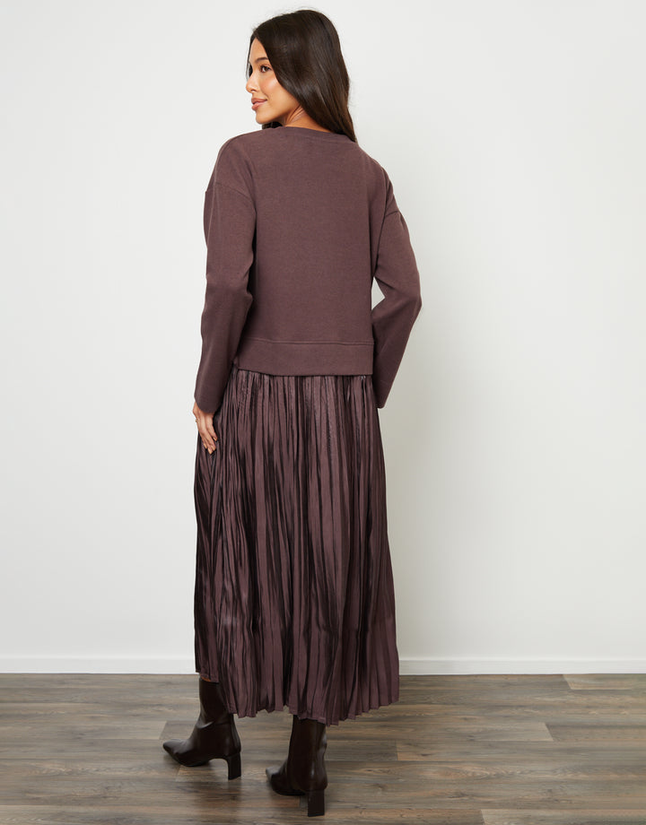 Chocolate Brown 2-in-1 Relaxed Ribbed Sweatshirt Midi Dress