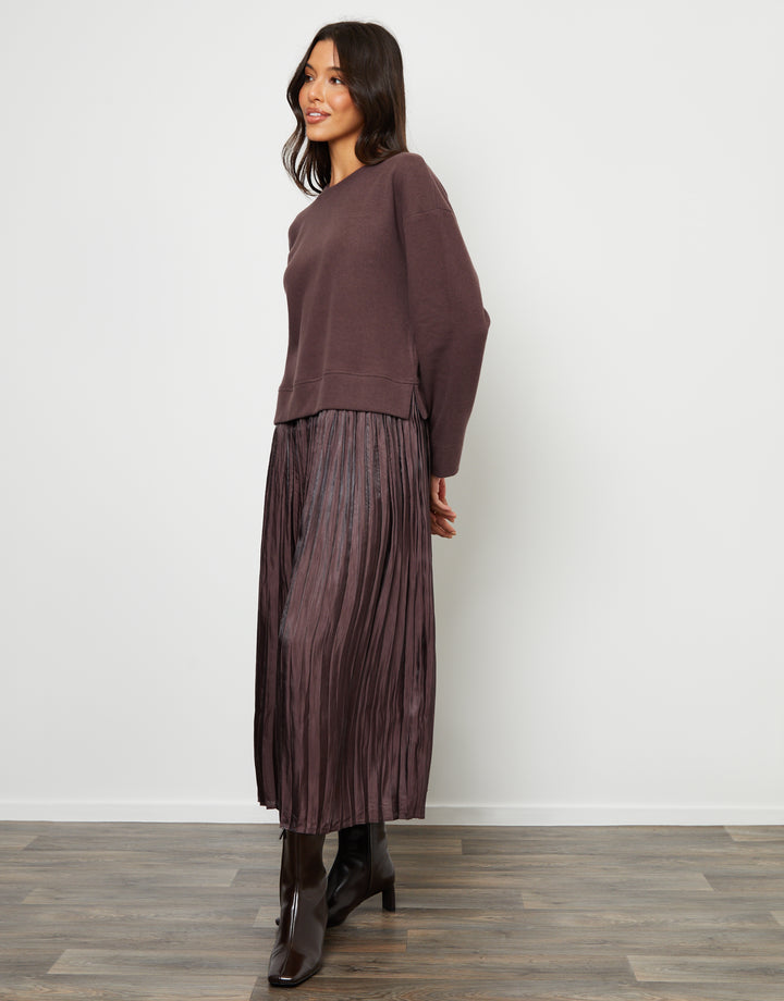 Chocolate Brown 2-in-1 Relaxed Ribbed Sweatshirt Midi Dress