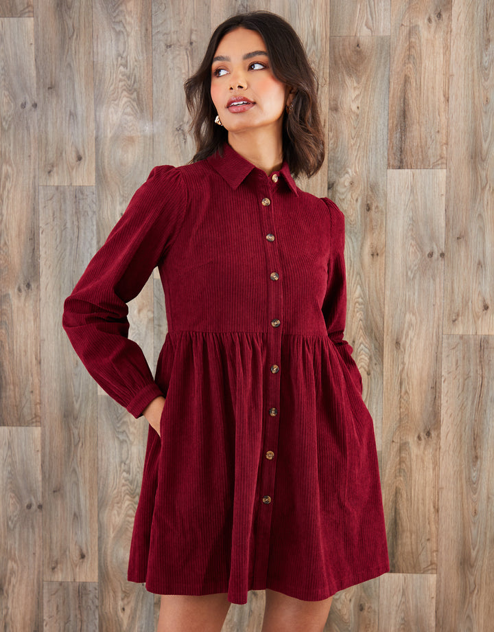 Corduroy Smock Shirt Dress in Berry Red