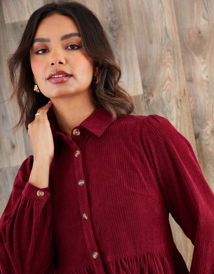 Corduroy Smock Shirt Dress in Berry Red